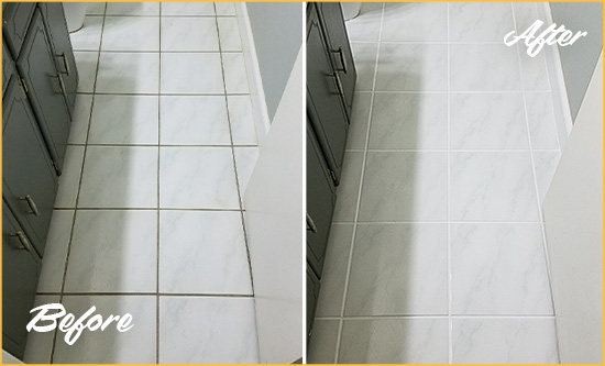 Before and After Picture of a Helmetta Bathroom Floor Grout Sealed to Remove Grime