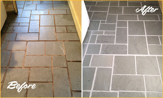 Before and After Picture of Damaged Helmetta Slate Floor with Sealed Grout