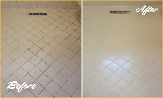 Before and After Picture of a Helmetta White Bathroom Floor Grout Sealed for Extra Protection