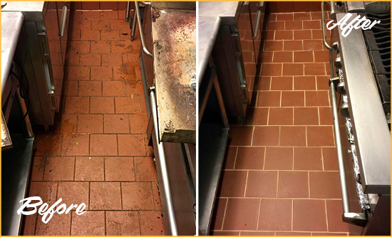 Before and After Picture of a Helmetta Restaurant Kitchen Floor Grout Sealed to Remove Dirt