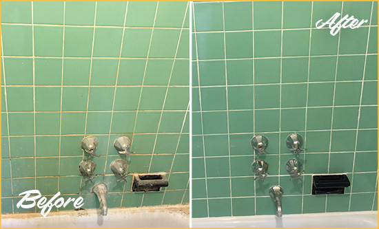 Before and After Picture of a Helmetta Bath Tub Grout Sealed to Avoid Water Damage