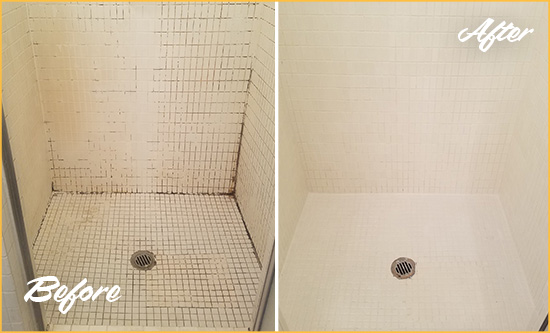 Before and After Picture of a Helmetta Bathroom Grout Sealed to Remove Mold