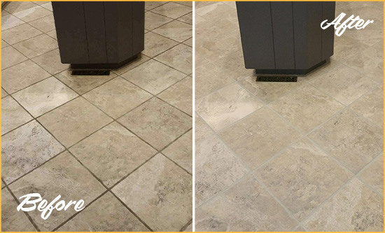 Before and After Picture of a Helmetta Kitchen Floor Grout Sealed to Remove Stains