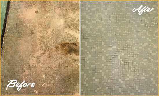 Before and After Picture of a Old Bridge Mosaic Shower Cleaned to Eliminate Embedded Dirt