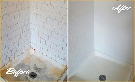 Before and After Picture of a Old Bridge Shower Cleaned to Eliminate Mold