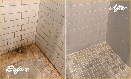Before and After Picture of a Old Bridge Ceramic Shower Cleaned to Eliminate Rust Stains
