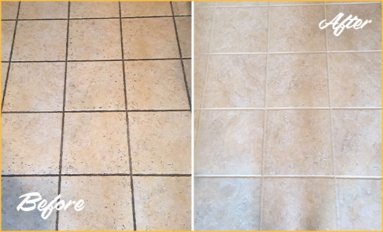 Before and After Picture of a Old Bridge Ceramic Floor Cleaned to Remove Soil